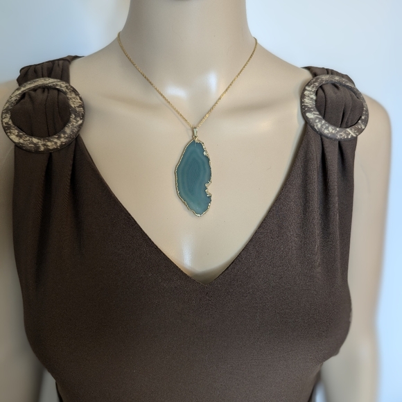 Aqua Blue Slice Agate Necklace Pendant - Picture 2 of 3
